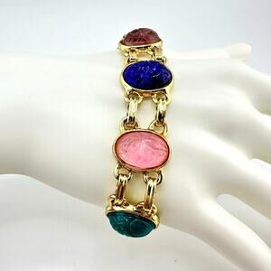 Vintage Lucite Scarab Beetle Multicolor Faux Gemstone Gold Tone 6.75" Bracelet